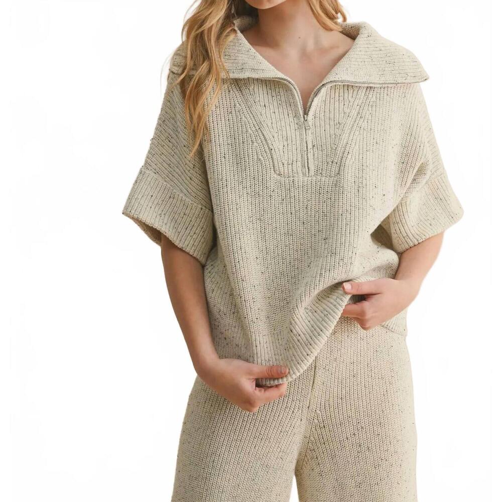 NEW MIOU MUSE half zip short sleeve knitted top in beige